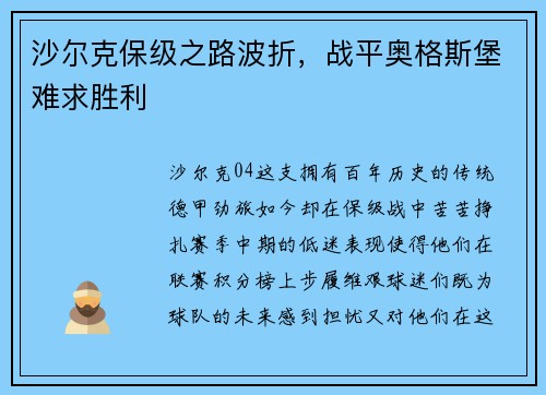 沙尔克保级之路波折，战平奥格斯堡难求胜利