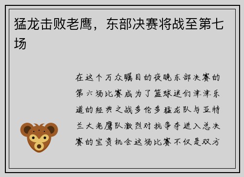 猛龙击败老鹰，东部决赛将战至第七场