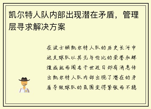 凯尔特人队内部出现潜在矛盾，管理层寻求解决方案