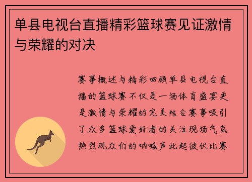 单县电视台直播精彩篮球赛见证激情与荣耀的对决